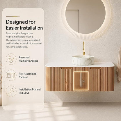 48 Inch Bathroom Vanity with Sink, Floating Wall Mounted Single Sink Vanity, Natural Woodgrain Curved Fluted Front, Stone Top, Marble-Look Round Vessel Basin, Pre-Assembled