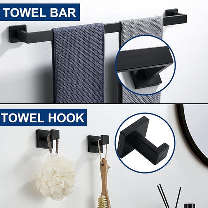 5 Pieces Bathroom Hardware Accessories Set Matte Black, 16Inch Square Towel Racks Set for Bathroom, SUS304 Stainless Steel Towel Bar Set, Toilet Paper Holder with Shelf Wall Mounted