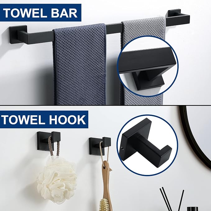 10 Pieces Bathroom Hardware Accessories Set Black, 24Inch Bathroom Towel Rack Set SUS304 Stainless Steel, Square Bath Towel bar Set Heavy Duty, Wall Mounted