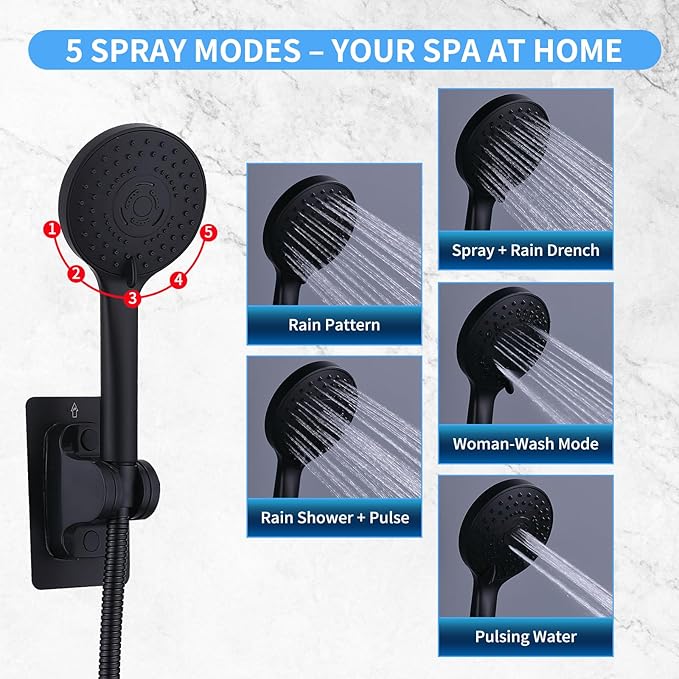 Peicuai Shower Head Combo, 10-Inch High-Pressure Rainfall Shower Head with 11-Inch Adjustable Extension Arm, 5-Setting Matte Black Handheld Shower with Long Hose, Powerful Spray for Low Water Pressure