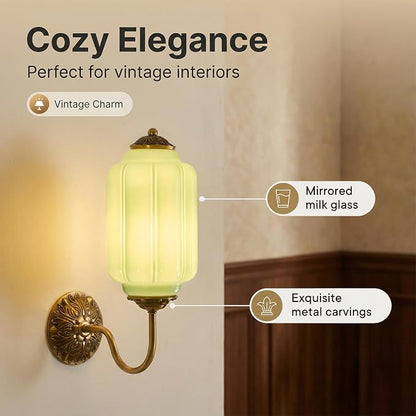 Vintage Milk Glass Wall Sconce, Antique Green Glass Sconce with Art Deco Gold Carved Metal, Hardwired Retro Light Fixture (E12 Bulb, Warm Light) for Bedroom Bathroom Living Room (Vintage Green 1pack)