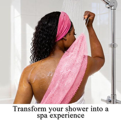 Authentic African Net Sponge, 2 Pack 45-Inch Exfoliating Bath Sponge and Shower Loofah for Body and Back, Colorfast Quick-Dry Knotted Mesh Scrubber with Travel Pouch (Ligh Pink & Teal)