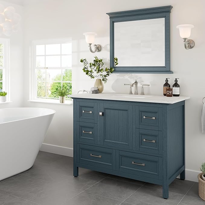 Eviva Britney Ash Blue 42 Inch Bathroom Vanity with Sink - A Fusion of Bathroom Sink Cabinet - White Undermount Porcelain Sinks - Bathroom Vanities for Elegance-Bathroom Sink Vanity