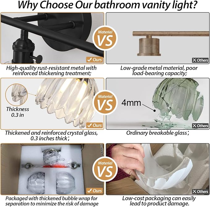 Matte Black 2 Light Bathroom Vanity Light,14.9in Modern Bathroom Lighting Fixtures Over Mirror with Clear Crystal Glass Shade,Vintage Vanity Lights for Bathroom Living Room Bedroom（not include bulbs)