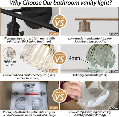 Matte Black 2 Light Bathroom Vanity Light,14.9in Modern Bathroom Lighting Fixtures Over Mirror with Clear Crystal Glass Shade,Vintage Vanity Lights for Bathroom Living Room Bedroom（not include bulbs)