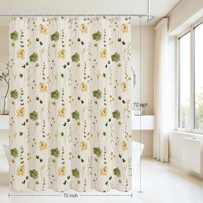 OliveGreen Linen Watercolor Floral Fabric Shower Curtain, 72x72 | Linen Fabric, Modern Minimalist Floral Print, Machine Washable, Rustproof Grommets, for Bathroom Home