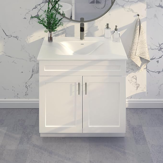 36" White Shaker Bathroom Vanity Base, Soft-Close Double-Door Ready-to-Assemble Sink Cabinet, 36" W x 21" D x 34.5" H, Base Only