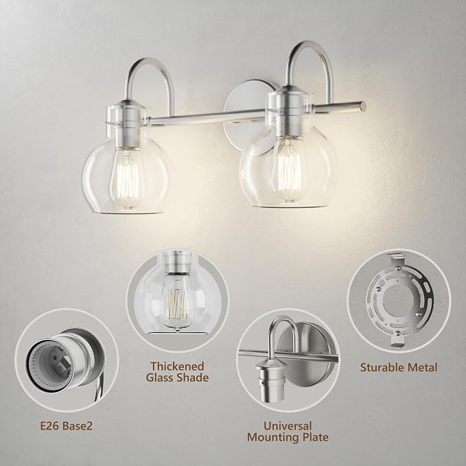 2 Lights Bathroom Vanity Light Fixtures Over Mirror Modern Nickle | Wall Sconce,Elegant Globe Glass Shade,E26 Base, UL Certified，Anti-Rust,Damp Rated,Brushed Nickel,Bathroom Bedroom Living Room