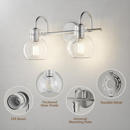 2 Lights Bathroom Vanity Light Fixtures Over Mirror Modern Nickle | Wall Sconce,Elegant Globe Glass Shade,E26 Base, UL Certified，Anti-Rust,Damp Rated,Brushed Nickel,Bathroom Bedroom Living Room