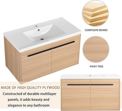 36" Floating Bathroom Vanity,36 Inch Bathroom Vanity with Sink,Single Sink Wall Mounted Vanity Combo,Brown Wall Mounted Cabinet Set