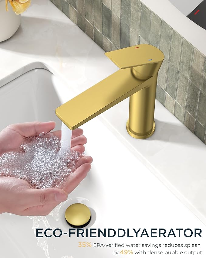 FORIOUS Gold Bathroom Faucet 1 Hole, Single Hole Brushed Gold Bathroom Faucet Single Handle with 1.2 GPM Water-Saving Aerator, Pop Up Drain and Hose, Modern Restroom Sink Tap with Deck Plate, Vanity