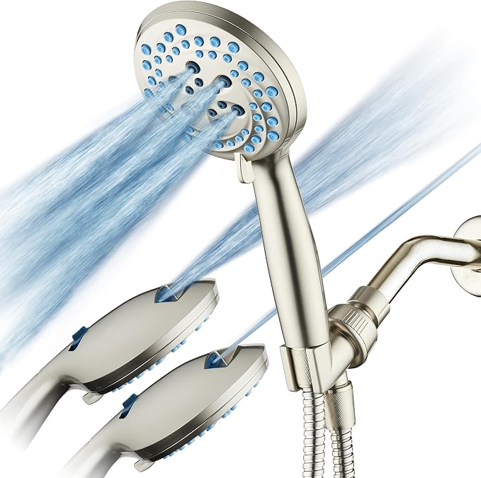 AquaCare New 8-mode High Pressure Handheld Shower Head w/ 2-way Power Wash | Stay Clean Nozzles, Dual Power Wash for Tub, Tile & Pets, Long 6 ft. Stainless Steel Hose, Wall & Overhead Brackets / Nickel