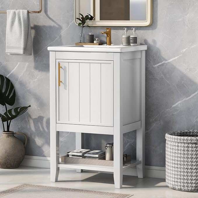Bathroom Vanity with Sink 20 Inch, Cabinet with Two-Tier Door Shelf Rack & Open Storage, Solid Wood Legs, White