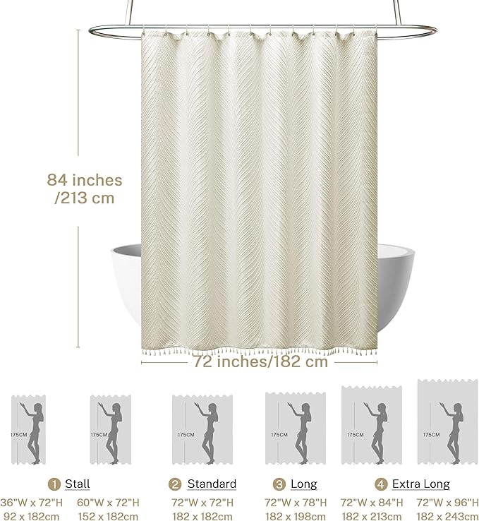 Extra Long Beige Boho Shower Curtain - Woven Fabric, 72 x 84 Inch Tufted Leaves Textured Striped Modern Farmhouse Minimalist Cloth for Bathroom