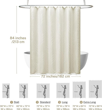 Extra Long Beige Boho Shower Curtain - Woven Fabric, 72 x 84 Inch Tufted Leaves Textured Striped Modern Farmhouse Minimalist Cloth for Bathroom