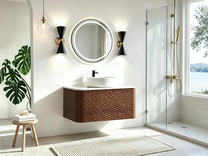 30 Inch Modern Bathroom Vanity with Ceramic Sink, Floating Bathroom Vanity Cabinet with Sintered Stone Top&Solid Wood Hammered Frame, Single Sink Bathroom Vanities w/Soft-Close Drawers,Walnut