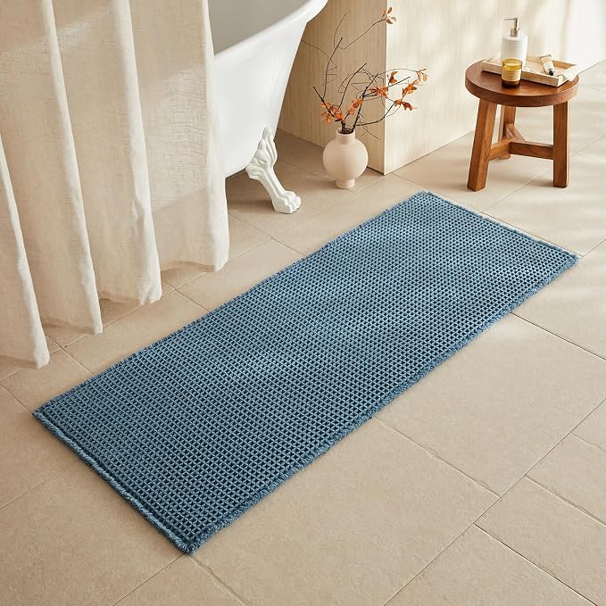 TYUU Waffle Runner Rug Bathroom, Long Boho Bath Mat, 60x24 Denim Blue | Super Absorbent Quick Dry Bath Rug, Non-Slip Backing, Soft Waffle Washable Farmhouse Bathroom Mats, Tub, Shower & Home Decor