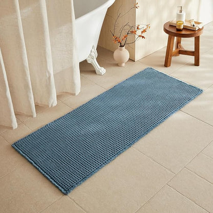 TYUU Waffle Runner Rug Bathroom, Long Boho Bath Mat, 60x24 Denim Blue | Super Absorbent Quick Dry Bath Rug, Non-Slip Backing, Soft Waffle Washable Farmhouse Bathroom Mats, Tub, Shower & Home Decor