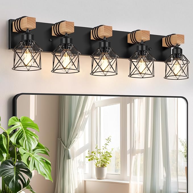 FadimiKoo 5-Light Black Bathroom Light Fixtures, Vanity Lighting Fixtures | Rustic Wood & Black Metal Shade, Wood Bathroom Lighting Fixtures Over Mirror, Wall Sconces for Bathroom Bedroom Living Room