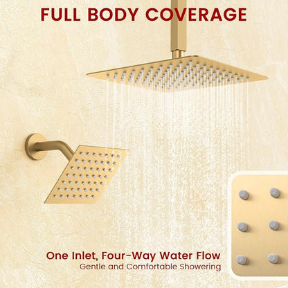 Longriver 3-Push Button Shower Faucet Set Hydro Power Temperature Display | Shower System Ceiling Mounted 10" & Wall Mounted 6" Shower Head with 3-Spary Handheld, Brushed Gold