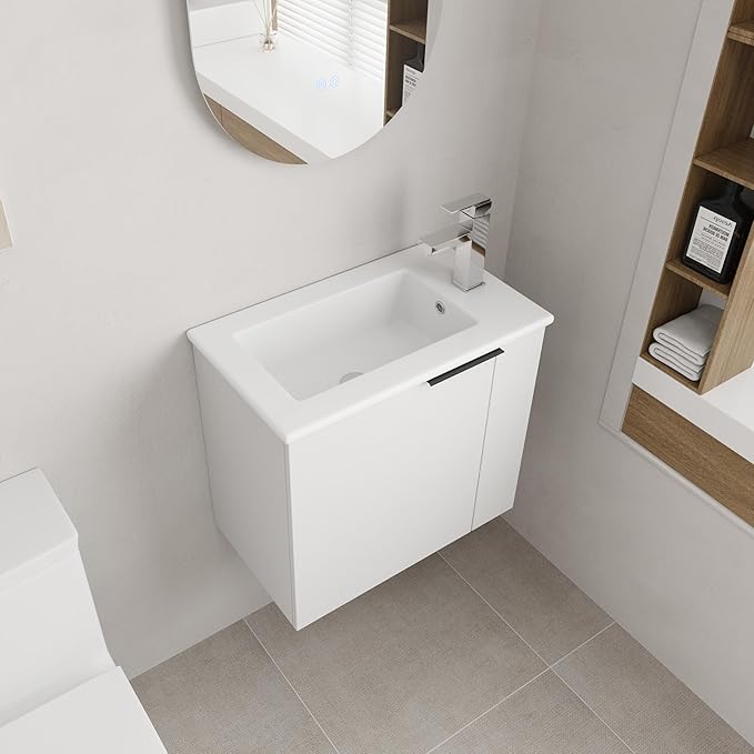 22 Inch Bathroom Vanity with Sink, 22" Wall Mounted Vanity Sink Combo for Small Space, Modern Bathroom Cabinet Set with Ceramic Basin Sink Top and Soft-Closing Door, White
