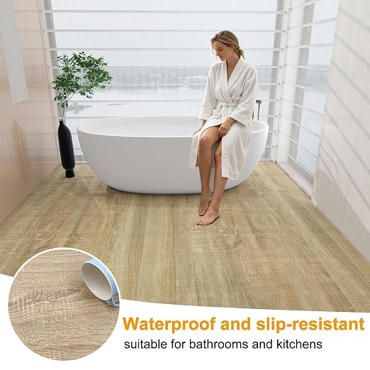 Countewol Stick Vinyl Flooring Roll, Light Oak Wood Grain Self Adhesive PVC Floor Sheet, Waterproof, Scratch Resistant & Removable Vinyl Floor Covering for Kitchen, Bedroom, RV, Apartment DIY