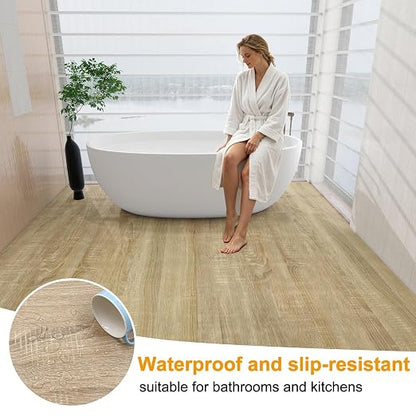 Countewol Stick Vinyl Flooring Roll, Light Oak Wood Grain Self Adhesive PVC Floor Sheet, Waterproof, Scratch Resistant & Removable Vinyl Floor Covering for Kitchen, Bedroom, RV, Apartment DIY