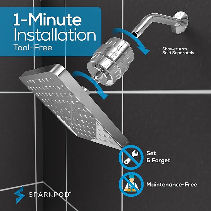 SparkPod Filtered Shower Head, 23-Stage, 8" Square, Polished Chrome | Showerhead for Hard Water, High Pressure, Reduces Chlorine, Heavy Metals, For Dry Skin & Hair, Removable Capsule Filter