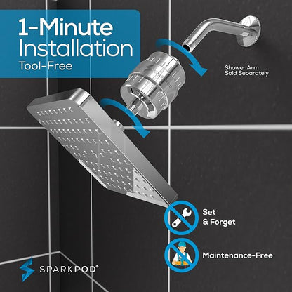 SparkPod Filtered Shower Head, 23-Stage, 8" Square, Polished Chrome | Showerhead for Hard Water, High Pressure, Reduces Chlorine, Heavy Metals, For Dry Skin & Hair, Removable Capsule Filter