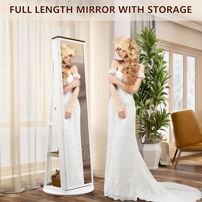 LVSOMT Jewelry Cabinet Standing, 360° Swivel Jewelry Armoire, White Brown | Full Length Mirror with Storage, 3 Rear Shelves, Internal Mirror, 3 Color Lights, Lockable for Bedroom, Women Girls Gift