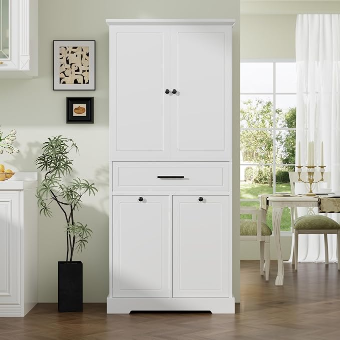 72.6" Storage Cabinet with Drawer and Door Shelf, Tilt-Out Laundry Hamper, Tall Freestanding Pantry Organizer Rack for Kitchen, Living Room or Bathroom, White