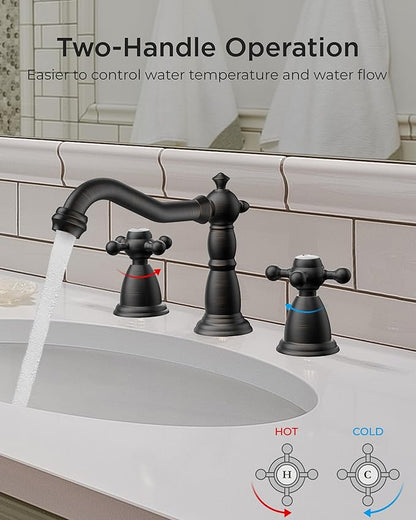 FORIOUS Vintage 3 Hole Bathroom Faucets Oil Rubbed Bronze, 2 Handle 8 Inch Widespread Antique Faucet for Bathroom Vanity RV Farmhosue Sink with Metal Pop Up Drain and Supply Lines