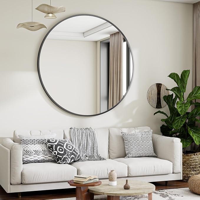 Large Black Round Bathroom Mirror 42" with Thin Metal Frame | Circle Wall Mounted Mirror Hanging or Leaning Decor for Hallway, Entryway, Fireplace Mantel, Living Room