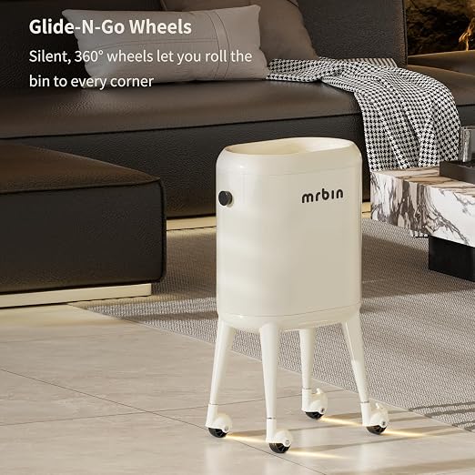 MRBIN Office Trash Can with Lid, Small Bathroom Automatic Adsorption Open Top 3.5 Gal / 13L Touchless Motion Sensor Waste Basket, Slim Decor Garbage Bin for Bedroom, Office, Cream White