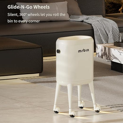 MRBIN Office Trash Can with Lid, Small Bathroom Automatic Adsorption Open Top 3.5 Gal / 13L Touchless Motion Sensor Waste Basket, Slim Decor Garbage Bin for Bedroom, Office, Cream White