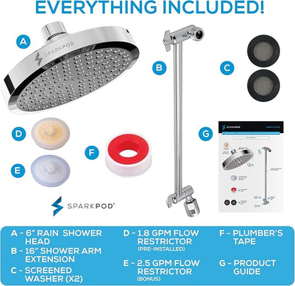 SparkPod 6" Round Rain Shower Head with 16" Shower Arm | Shower Head & Extension Arm Combo, Height Adjustable, High Pressure Performance, Easy 1-Minute Installation, Polished Chrome
