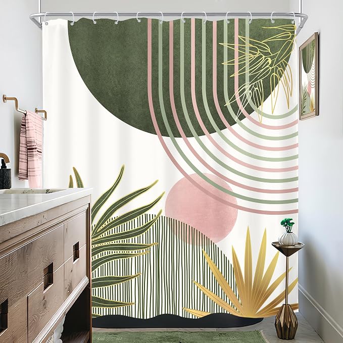 Mid Century Sage Green Pink Boho Abstract Bathroom Shower Curtain Set | 60Wx72L S Plant design, waterproof HD print with fast-drying fabric and 12 hooks.