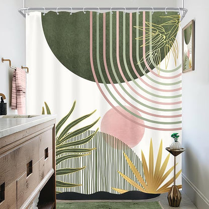 Mid Century Sage Green Pink Boho Abstract Bathroom Shower Curtain Set | 60Wx72L S Plant design, waterproof HD print with fast-drying fabric and 12 hooks.