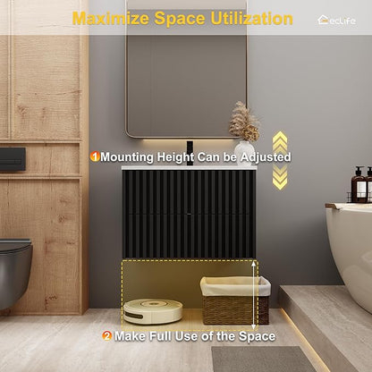 eclife 30" Floating Bathroom Vanity with Sink Combo, Modern Wall Mounted Cabinet with 2 Fluted Drawers, Undermount Sink, Faucet, Drain, Black