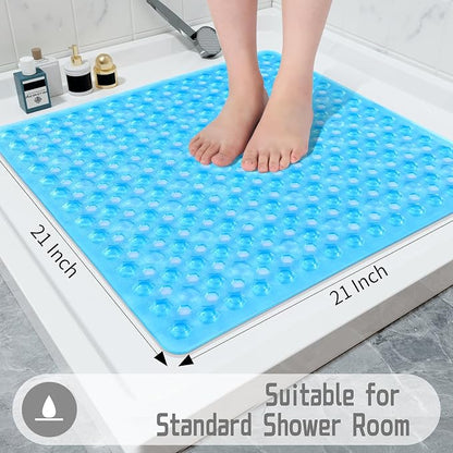 Yimobra Square Shower Floor Mat Non Slip, 21"X21" Machine Washable Bath Tub Mat, Soft on Feet, Bathmat with Drain Holes and Suction Cups, Fast Draining, Clear Blue