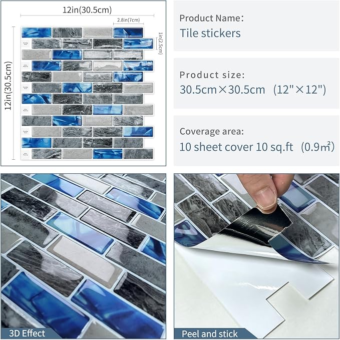 DEWOO Peel and Stick Backsplash 3D Self Adhesive Wall Tile Blue 10 Sheet | Sticky,Vinyl,Rental friendly,Marble,for Kitchen,Bathroom,12"x12"