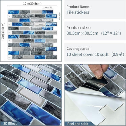 DEWOO Peel and Stick Backsplash 3D Self Adhesive Wall Tile Blue 10 Sheet | Sticky,Vinyl,Rental friendly,Marble,for Kitchen,Bathroom,12"x12"