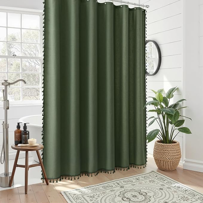 Olive Green Boho Linen Shower Curtain for Bathroom Luxury Fancy Modern Rustic Fabric Shower Curtain Set with Hooks Farmhouse Hotel Style Bath Accessories Decor Water Repellent 72x72