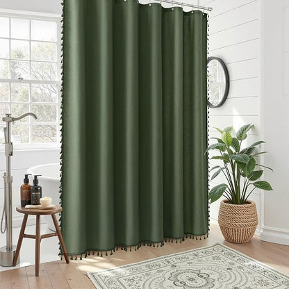 Olive Green Boho Linen Shower Curtain for Bathroom Luxury Fancy Modern Rustic Fabric Shower Curtain Set with Hooks Farmhouse Hotel Style Bath Accessories Decor Water Repellent 72x72