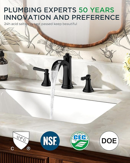FORIOUS Black Bathroom Faucet 3 Hole, 2 Handle Brass 8 Inch Widespread Matte Black Bathroom Sink Faucet Waterfall with Pop-up Drain and CUPC Flexible Hoses, Vanity Tap 3 Holes