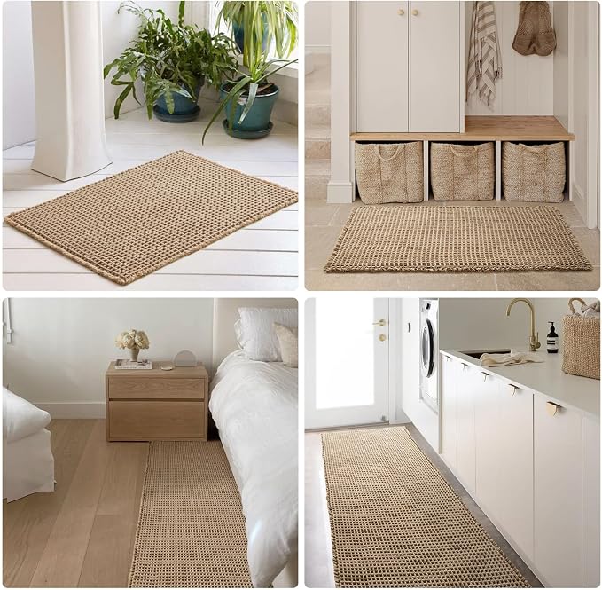 TYUU Waffle Runner Rug Bathroom, Long Boho Bath Mat, 72x24 Beige | Super Absorbent Quick Dry Bath Rug, Non-Slip Backing, Soft Waffle Washable Farmhouse Bathroom Mats, Tub, Shower & Home Decor