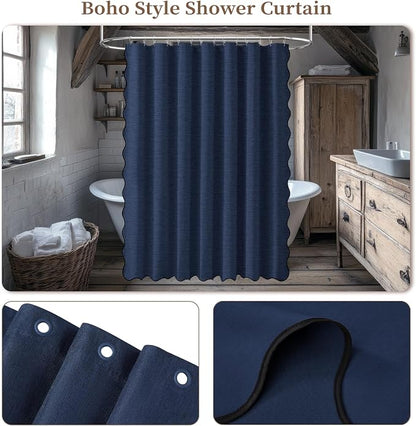 BTTN Large Shower Curtain, 84 Inch Boho Scalloped Linen Textured Thick Fabric Shower Curtain Set with 14 Plastic Hooks, Wide Elegant Country Waterproof Shower Curtains for Bathroom, 84x72, Navy Blue