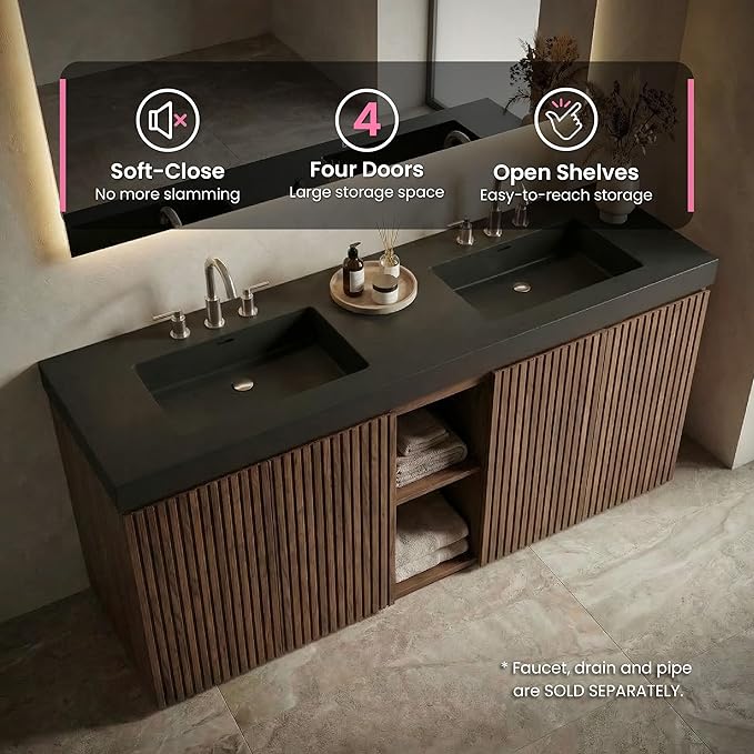72" Bathroom Vanity with Sink Combo, Mid Century Modern Bathroom Cabinet with 4 Doors & Open Shelf, Matte Black Integrated Sink with Overflow, Brown Walnut