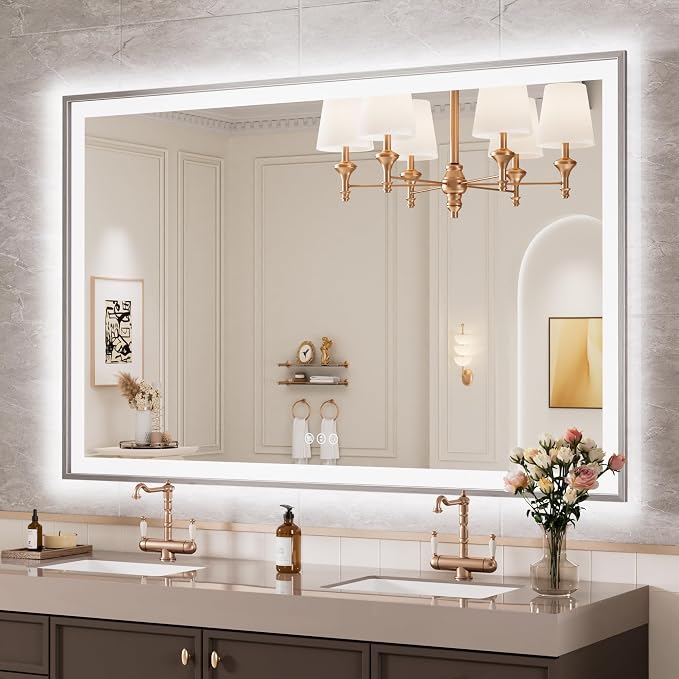 55x36 Inch LED Bathroom Mirror with Silver Frame | Silver Metal Frame, Front and Backlit, 3 Colors, Dimmable, Memory, Anti Fog, Tempered Glass, Lighted Mirror for Wall