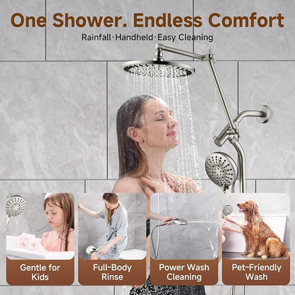 BRIGHT SHOWERS Rain Shower System with Handheld, High Pressure Dual Shower Head Combo, Power Wash, 9 Spray Modes, Adjustable Slide Bar & Extension Arm, 3-Way Diverter, 69" Long Hose, Brushed Nickel